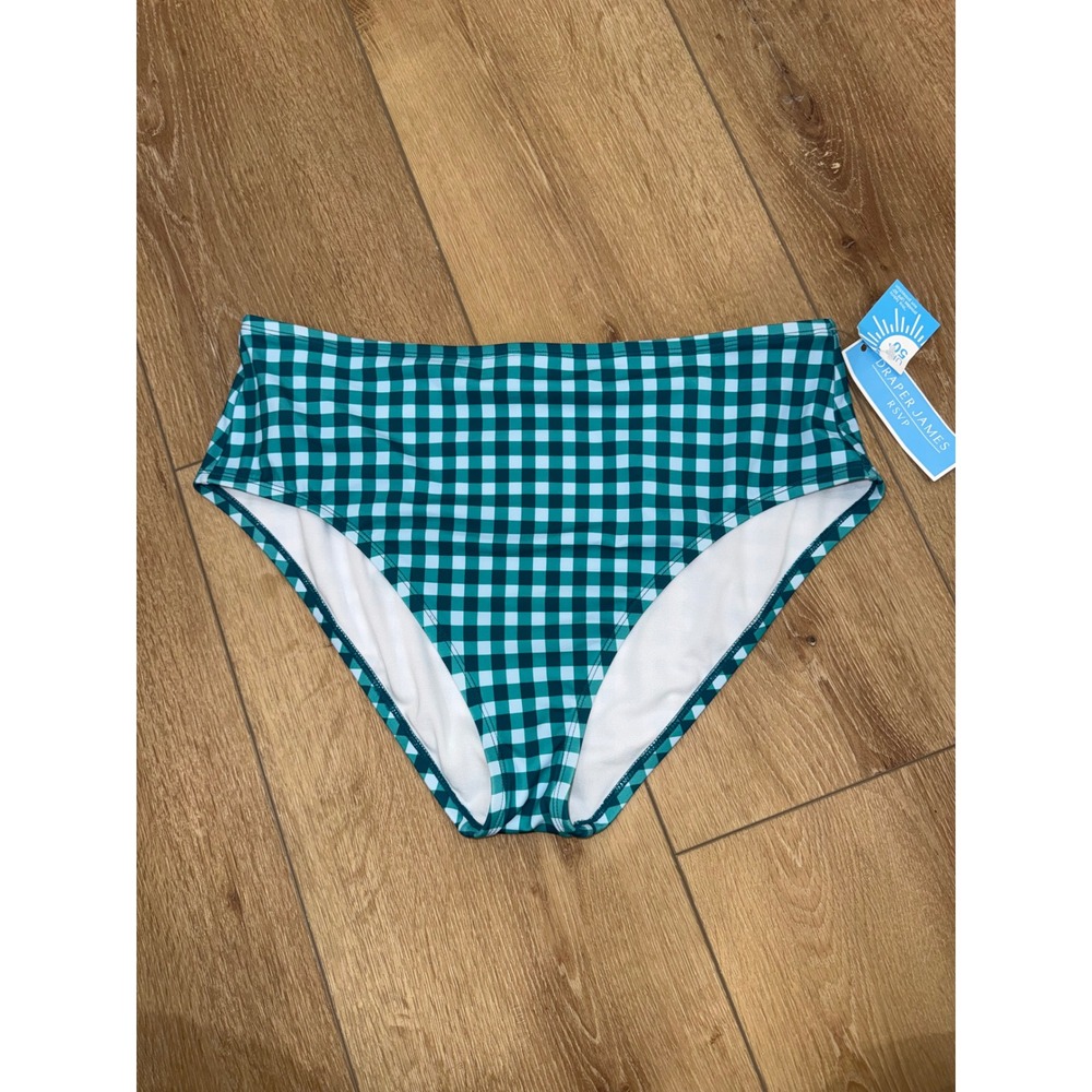 Draper James RSVP Womens XL Teal Gingham High Waisted Bikini Bottoms UPF 50+ NEW